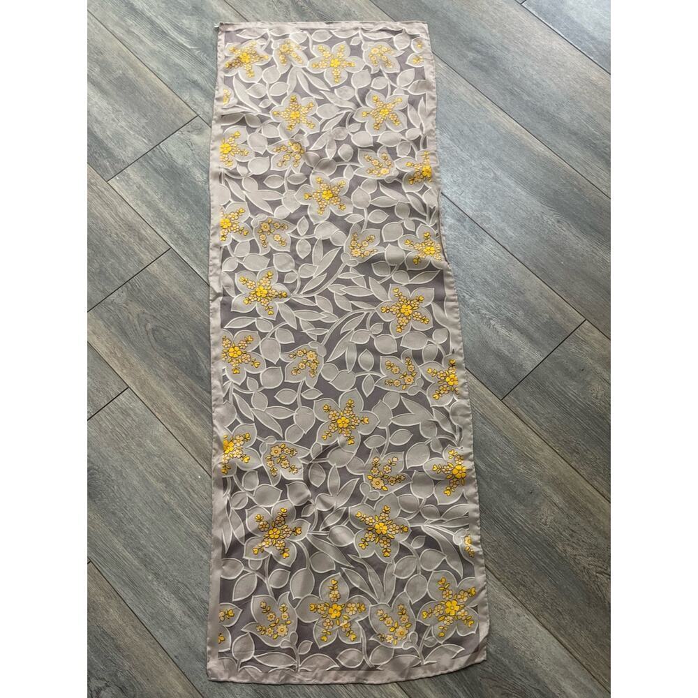 Vtg. Rectangular Scarf Hand Rolled Floral Leaves Beige Gray Japan Boho Career